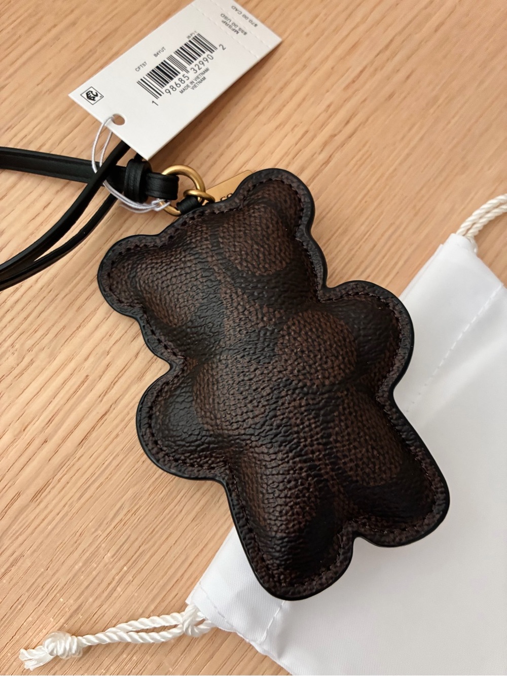 NWT🐻Coach Signature Canvas Puffy Teddy Bear Bag Charm Walnut Black Gift CFT57 - Picture 2 of 4